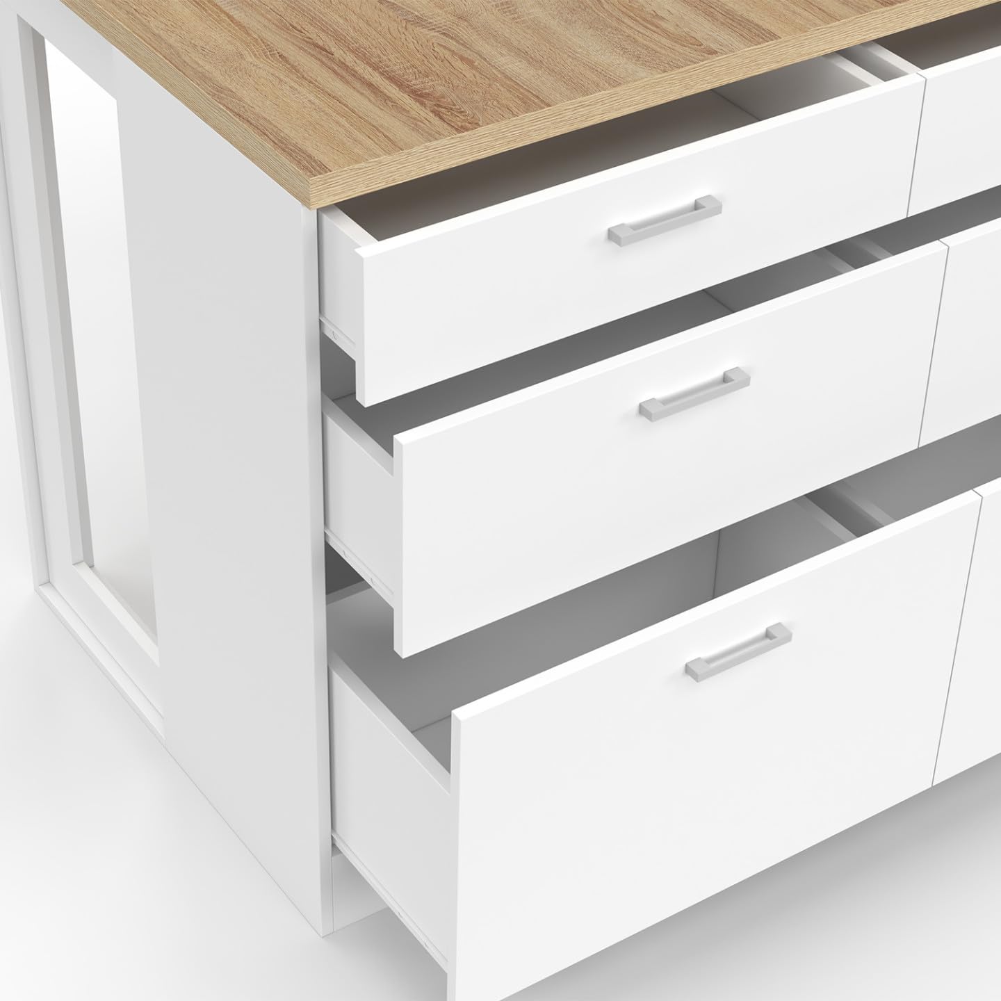 IDMarket - Ilot Central Mange-Debout Orso 120 cm casserolier 6 tiroirs Blanc avec Plan de Travail façon hêtre