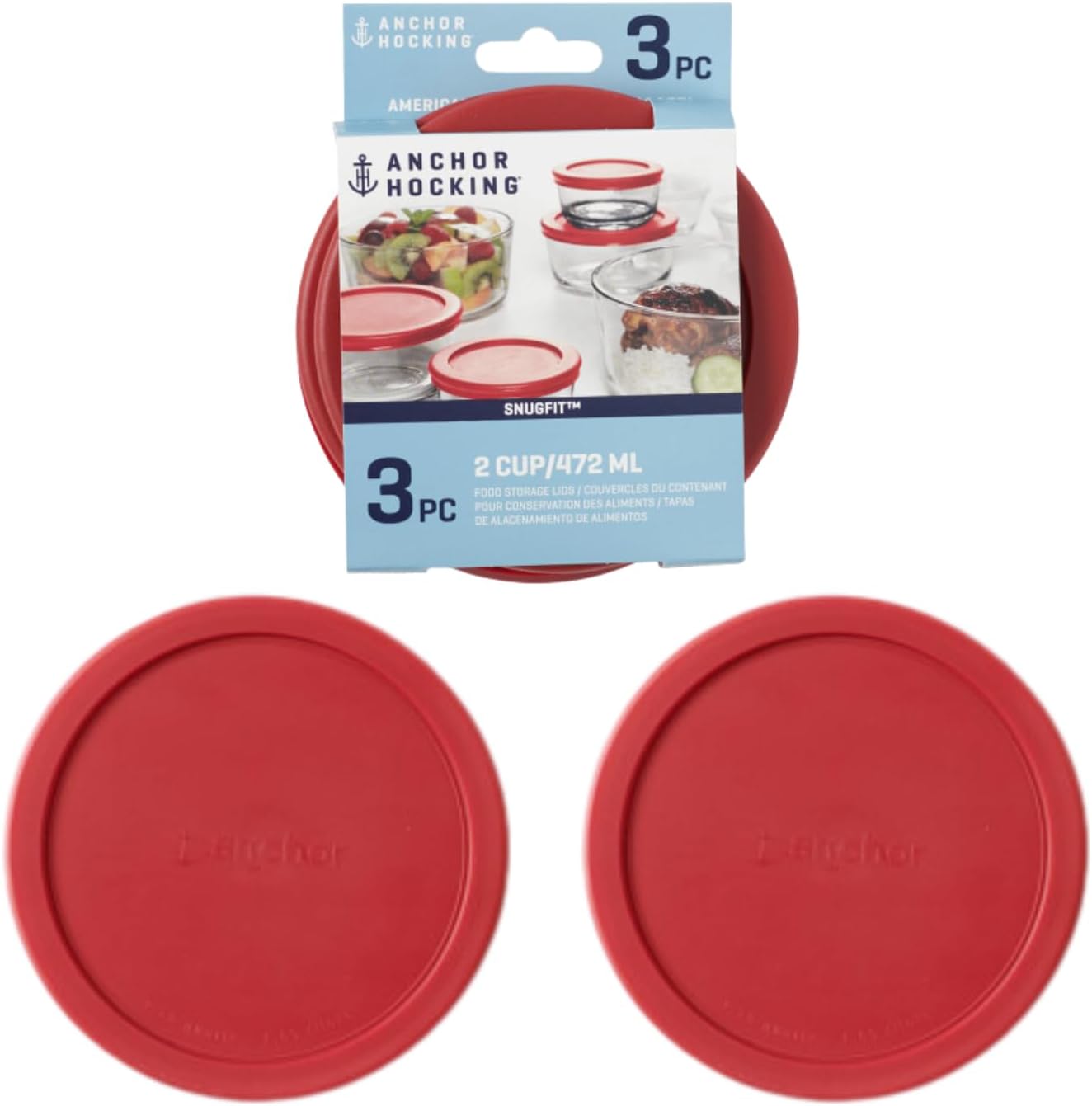 Anchor Hocking Improved 30% Stronger Replacement Lid 2 Cup / 472 ml / 0.5 qt, Set of 3 lids, red Round