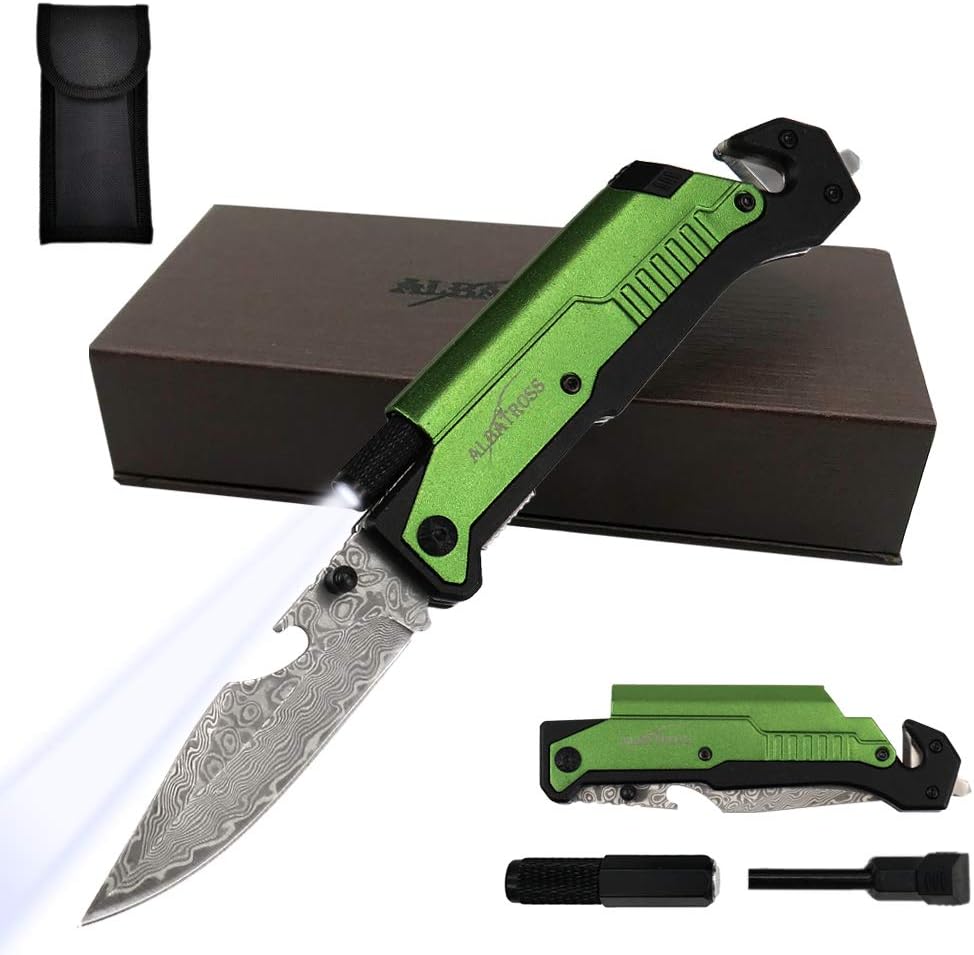 ALBATROSS 6-in-1 Modern Damascus Steel Folding Pocket Knives with LED Light,Seatbelt Cutter,Glass Breaker,Magnesium Fire Starter,Bottle Opener;Multi-Function Emergency Tool(Green-DA)