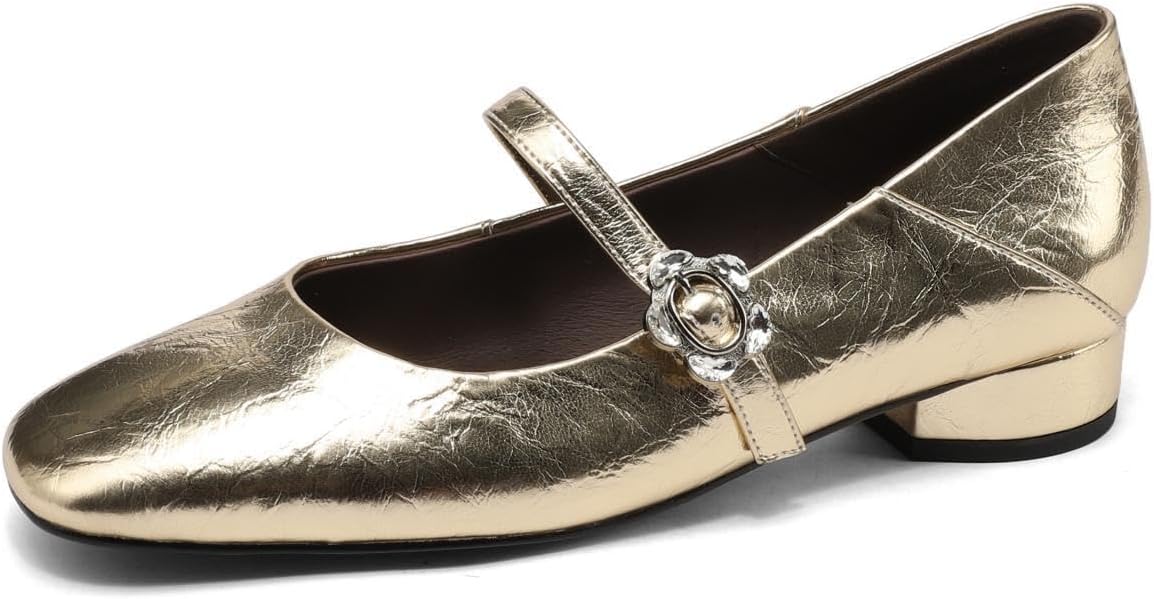 TinaCus Handmade Women's Genuine Leather Flower Buckle Square Toe Dressy Mary Jane Flats