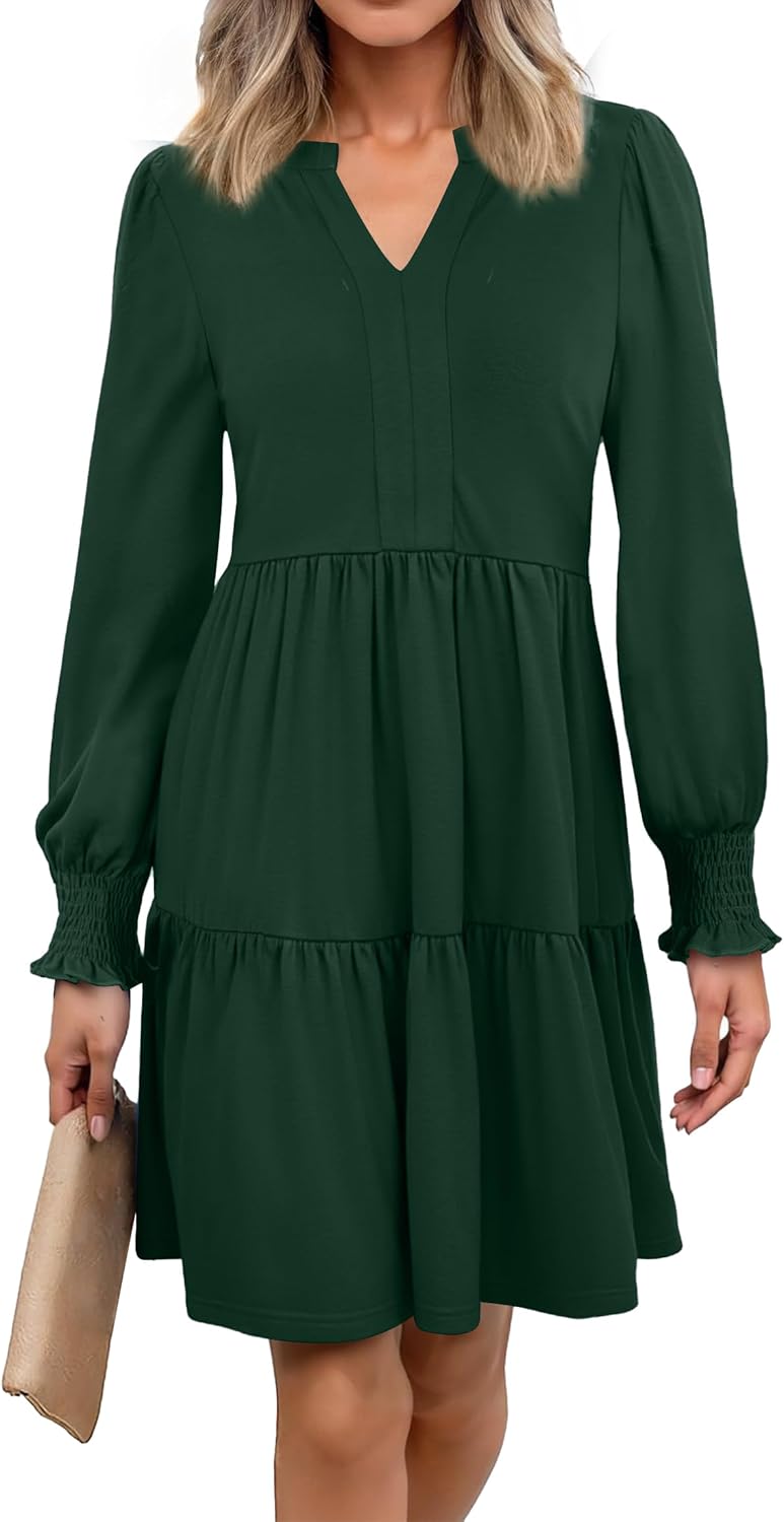 Spring Dresses for Women 2026 Casual V Neck Long Sleeve A Line Midi Dress Ruffle Flowy with Pockets - Image 2