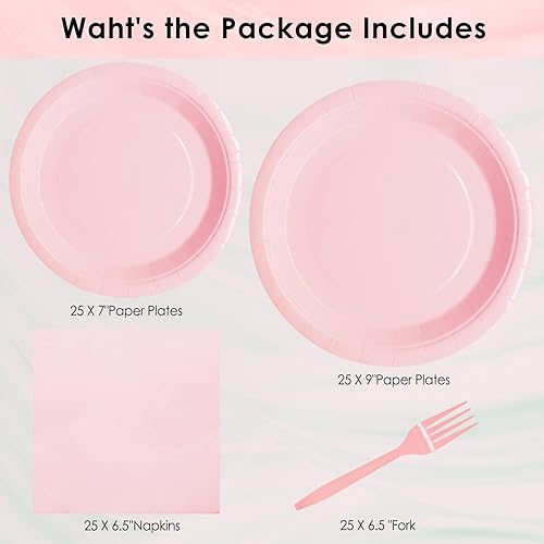 Miniatura 6 de WYQJHKV El juego de suministros de fiesta rosa incluye platos y servilletas de papel rosa, platos de fiesta rosa para 25 invitados, platos de