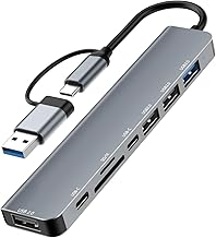 USB C Hub 8 in 2, 4 x USB A 1 x USB-C Data Ports 1 x Type-C 5 V Supply, SD/TF Card Reader USB Splitter 3.0 Compatible with MacBook Air/Pro, iPad, Surface Laptop, Galaxy etc