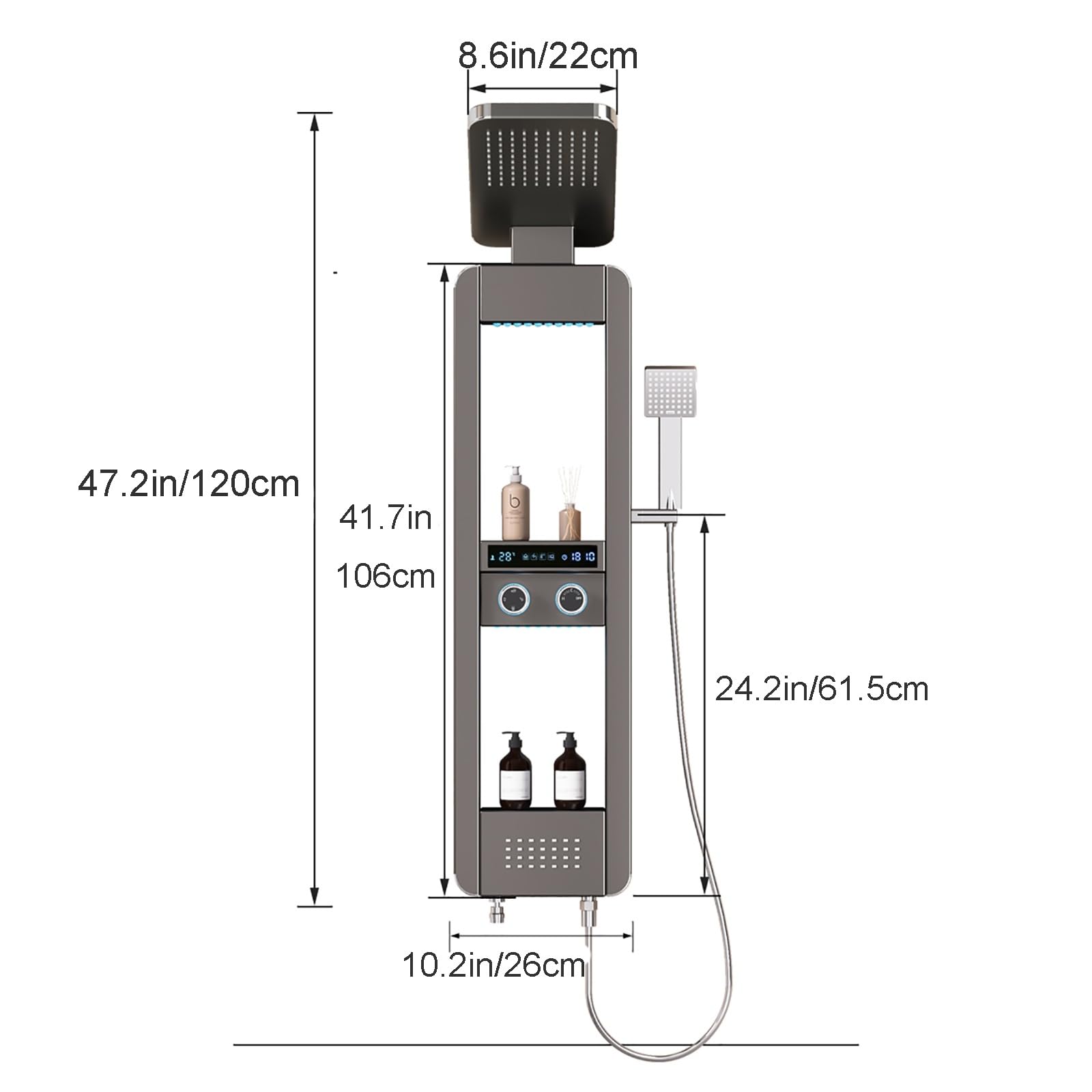 Panel prysznicowy, termostatyczny system deszczownic z diodami LED, 4 funkcje, deszczownica i wodospad, zawór ze stali nierdzewnej 304