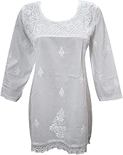 Mogul Interior Womens Tunic Blouse White Floral Gypsy Boho Hippie Embroidered Cotton Top Shirt S/M