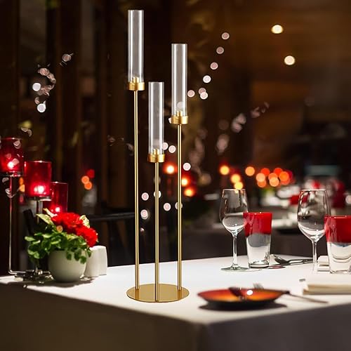 Miniatura 6 de 2 candelabros dorados de huracán para boda, candelabro de 3 brazos con pantalla acrílica para centro de mesa, soporte de metal para decoración del