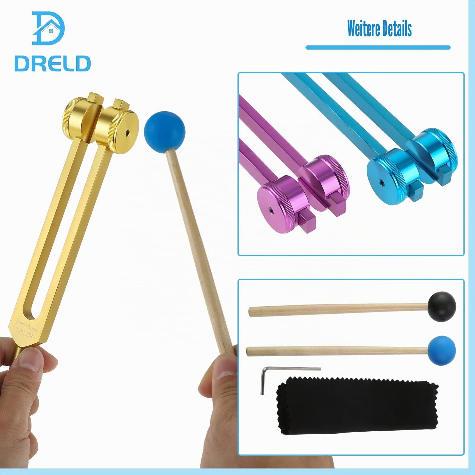 DRELD Chakra Stimmgabel Set. 7 Chakra und 1 Seelenzweck gewichtete Stimmgabel Solfeggio Stimmgabel set mit 2×Silikonhammer. 1×Tasche. 1×Reinigungstuch für Heilung Klangtherapie Vibration (Bunt. 8 STK)
