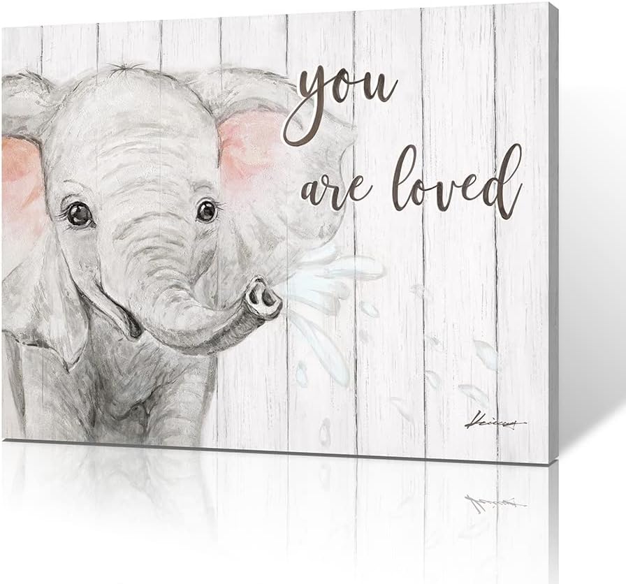 Elephant Nursery Canvas Wall Art: Blush Pink and Grey Baby Elephant Wall Art Prints "You Are Loved" Inspirational Quote Poster Cute Animal Picture for Baby Kids Room Decor Framed Small 32x24inch 24"x32"x1 Grey Elephant