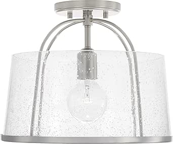 HomePlace by Capital Lighting 247011BN Madison Transitional Clear Seeded Glass Dual Mount Convertible Pendant/Semi-Flush Ceiling Light, 1-Light 100 Watt, 12" H x 13" W, Brushed/Satin Nickel