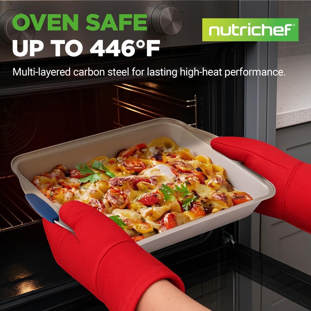 NutriChef Juego de sartenes para horno de cocina con revestimiento dorado antiadherente de lujo en el interior y el exterior de acero al carbono con asas de silicona azul, duradera y fiable, estilo
