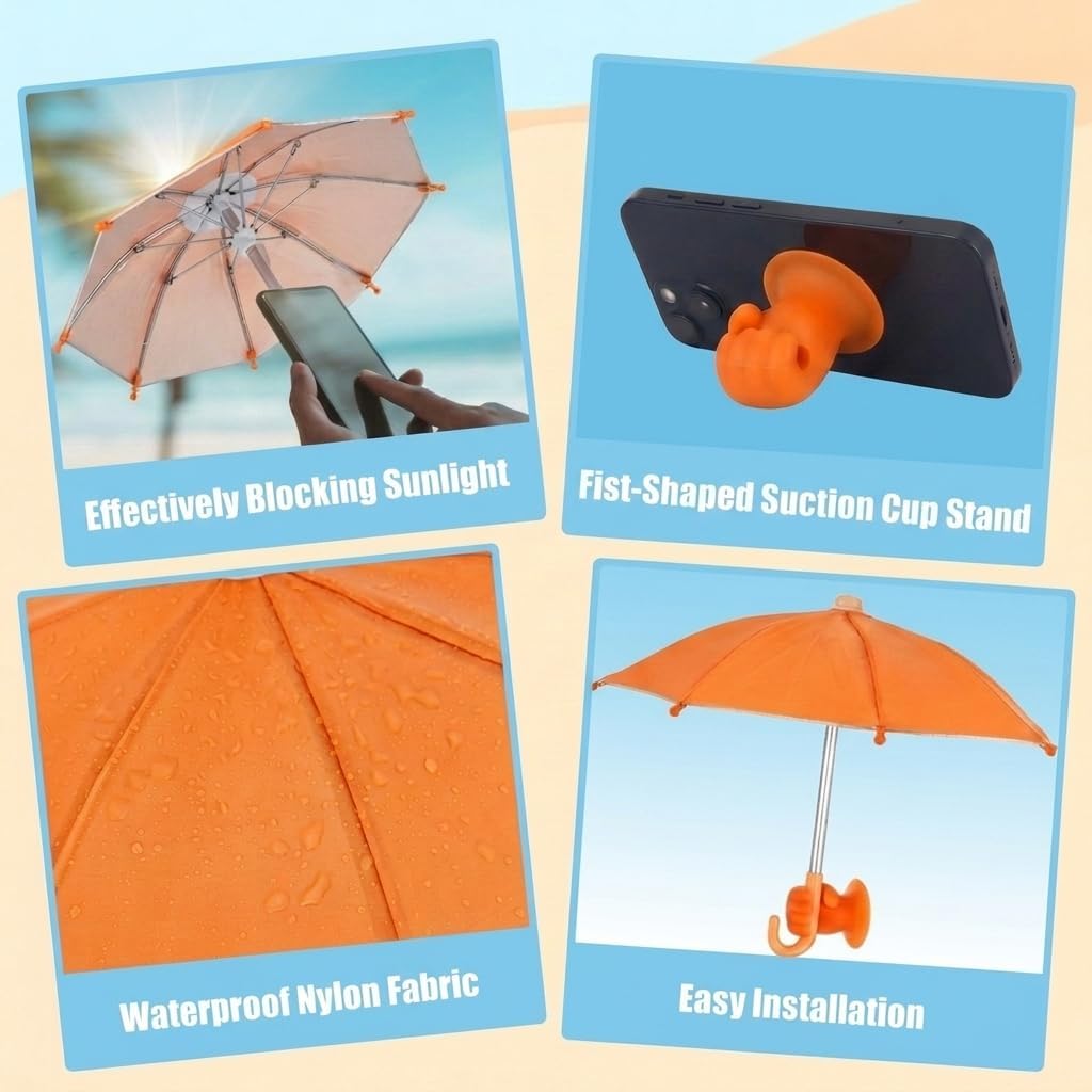 Mini Phone Umbrella Sun Shade with Suction Cup Stand, Cover Sun Shield, Adjustable Piggy Suction Cup Phone Stand, Outdoor Cell Phone Sunshade Holder(Orange) image 5