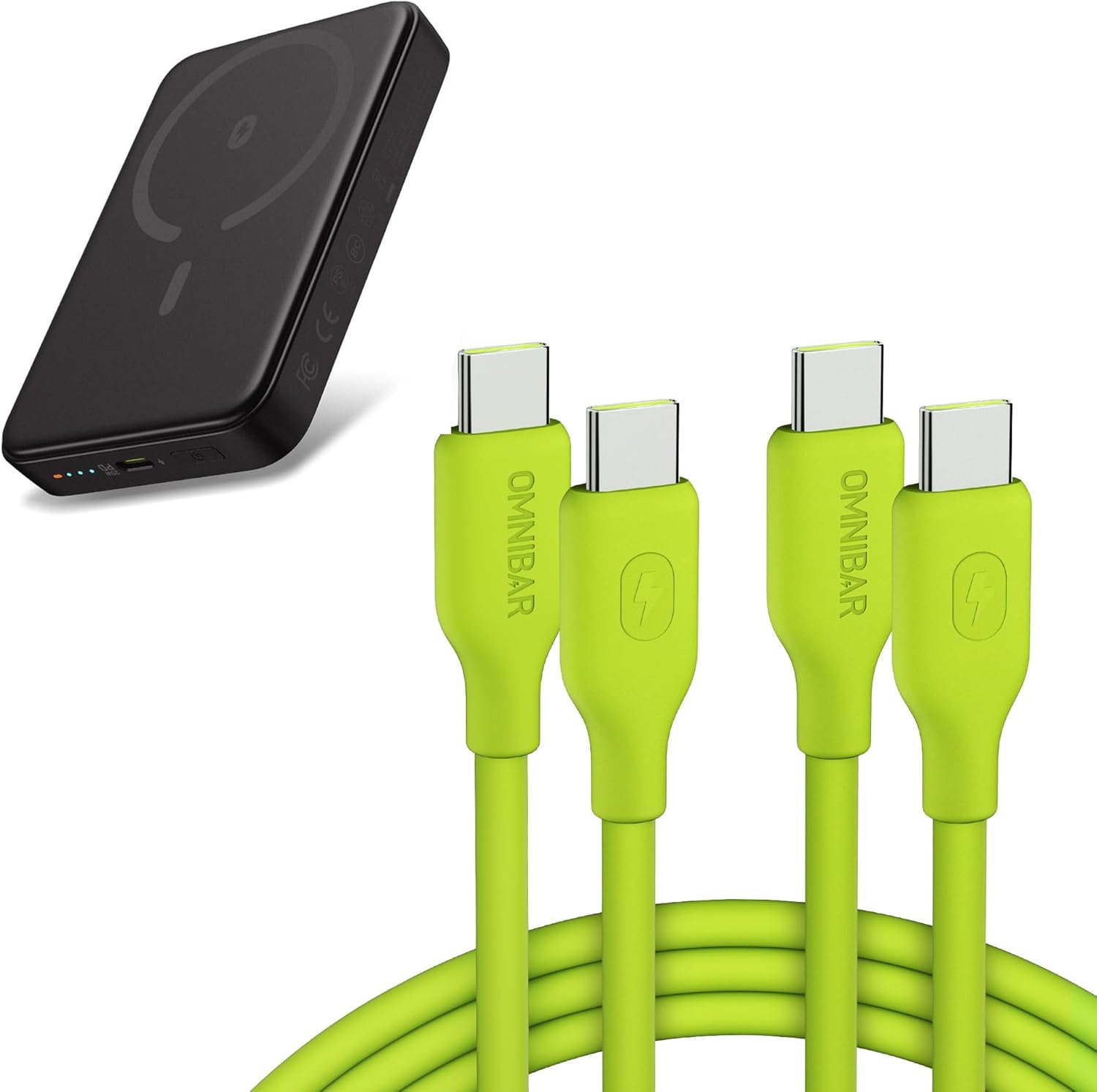 Back to School Deal, 10000mAh Magnetic Power Bank with Silicone USB C to USB C Cable (6FT/2Pack), Wireless Portable Charger with PD Fast Charging,240W USBC Fast Charging Cable for MacBook iPhone,Green