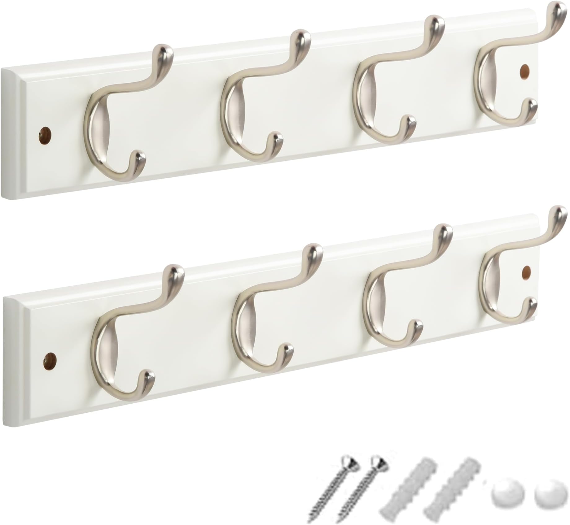 GlazieVault Coat Hooks Wall Mounted - MDF Board Nickel Hook Coat Rack(2 Pack) - Heavy Duty White -Coat Hooks for Wall Clothes Hooks and Wall Hooks
