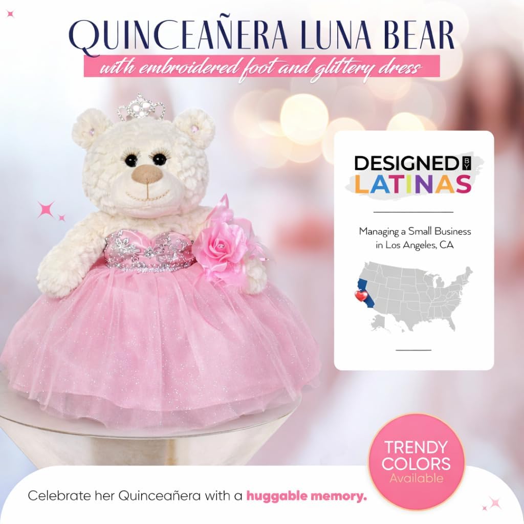 KINNEX COLLECTIONS SINCE 1997 Classic Size Quinceañera Bear with Elegant Dress – Gift-Ready Keepsake and Centerpiece Decoration for 15 Años, OSO Quinceañera Tradicional B14631-3 (Pink)
