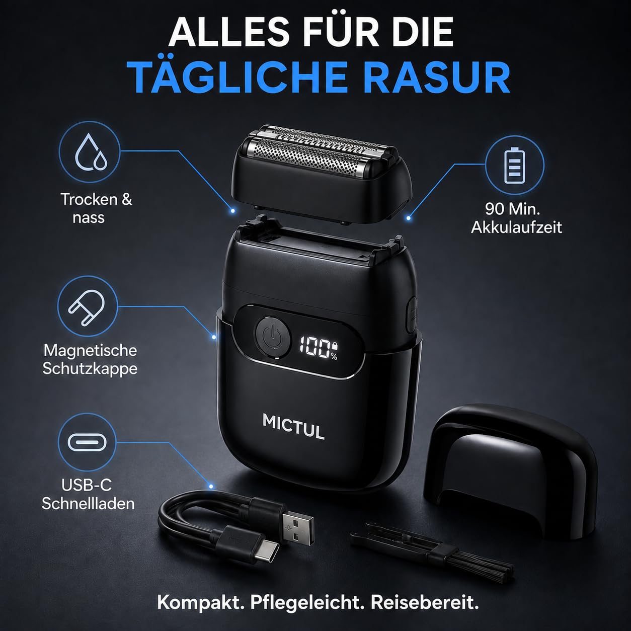 Elektrischer Rasierer Herren, Folienrasierer und Barttrimmer，Für Trocken- und Nassrasur, Akku, LED-Anzeige, USB-C-Schnellladung, IPX7 wasserdicht, tragbarer Reiserasierer