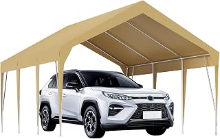 GarveeLife 12x20 ft Heavy Duty Carport Outdoor Car Canopy UV Resistant Waterproof Party Tent All-Season Portable Garage Gazebo Shelter for Car, Storage Shed, Khaki