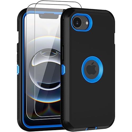 for iPhone 16e Case, with 2 Screen Protector Heavy Duty Drop Protection, Full Body 3 Layer Rugged Shockproof Dust-Proof Tough Protective Phone Cover for Apple iPhone 16e (Black/Blue)