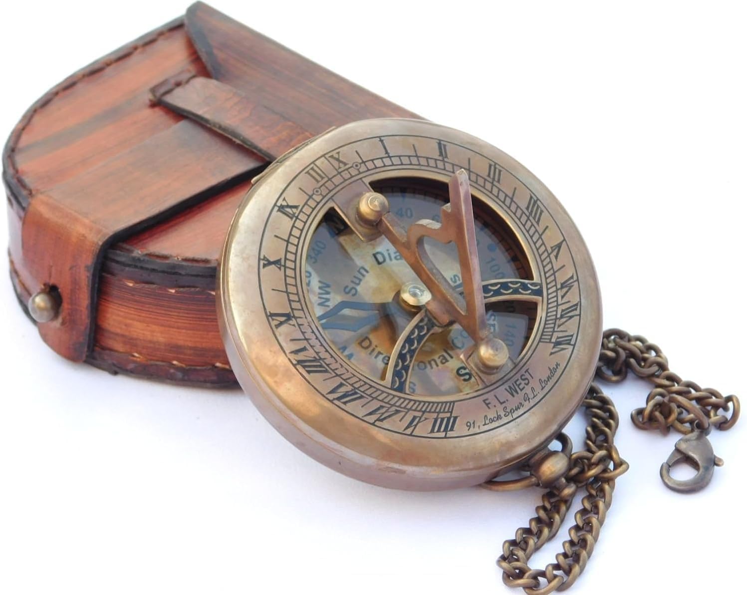 Brass Folding Sundial Compass, Steampunk Accessories, Antique Finish, with Leather Case and Chain, Beautiful Handmade Gift-MFC01
