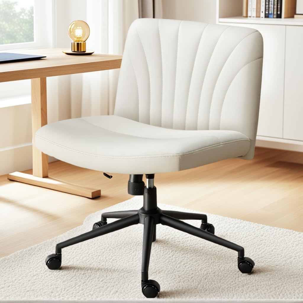 SCUFFS Marsail Criss Cross Chair with Wheels, Wide PU Leather Armless Desk Chair, Swivel & Height Adjustable Cross Legged Office Chair for Makeup, Small Spaces, Bedroom, Vanity Beige Modern