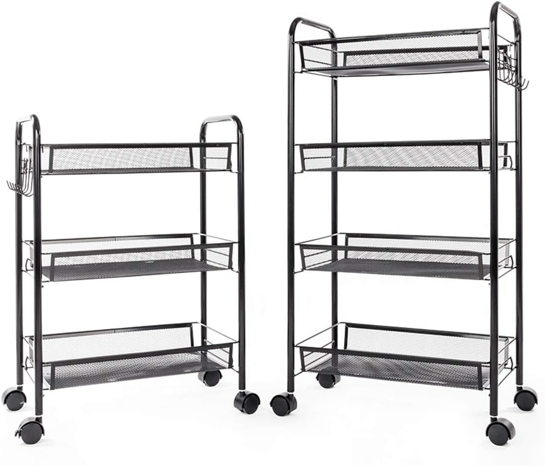 Exquisite Honeycomb Net Three Tiers Storage Cart with Hook Black Utility Storage Organizer Shelf Rack for Kitchen Living Room Bathroom MITPATY