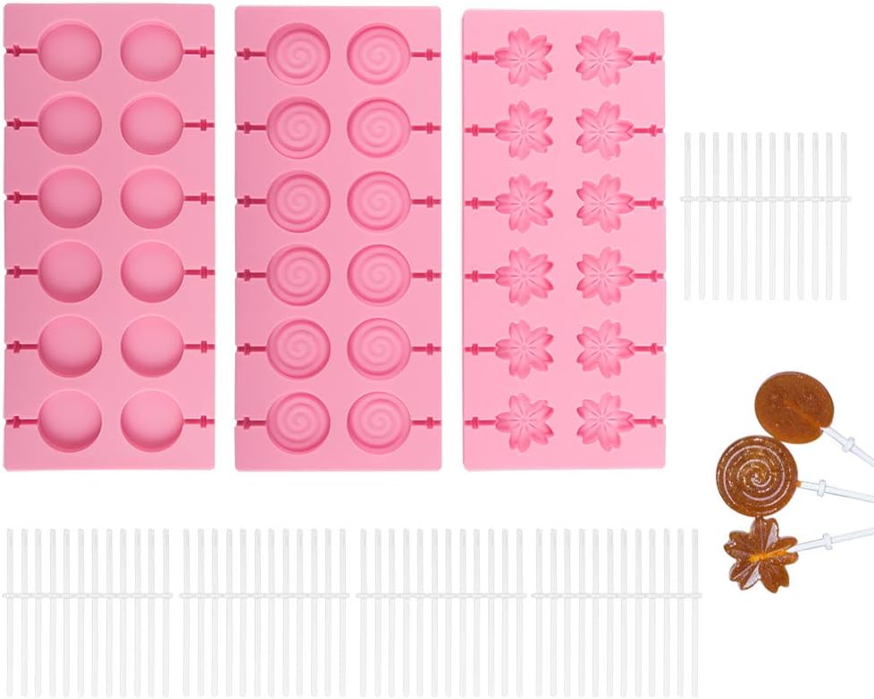 3 Pack Silicone Lollipop Molds,Sonku 12 Cavity Round Cherry Blossoms Swirl Chocolate Hard Candy Mold with 60 Pcs Sucker Sticks