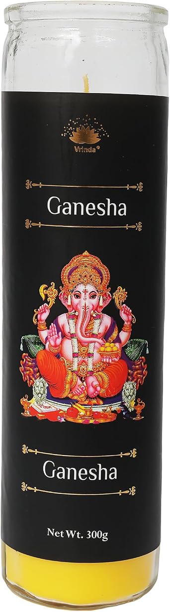 Vrinda Ganesha 7-Day Glass Prayer Candle, Infused with Essential Oils, Voodoo, Hoodoo, Intention Candle, Magick, Wiccan, Pagan, Manifestation Jar Candle, 300g, Black