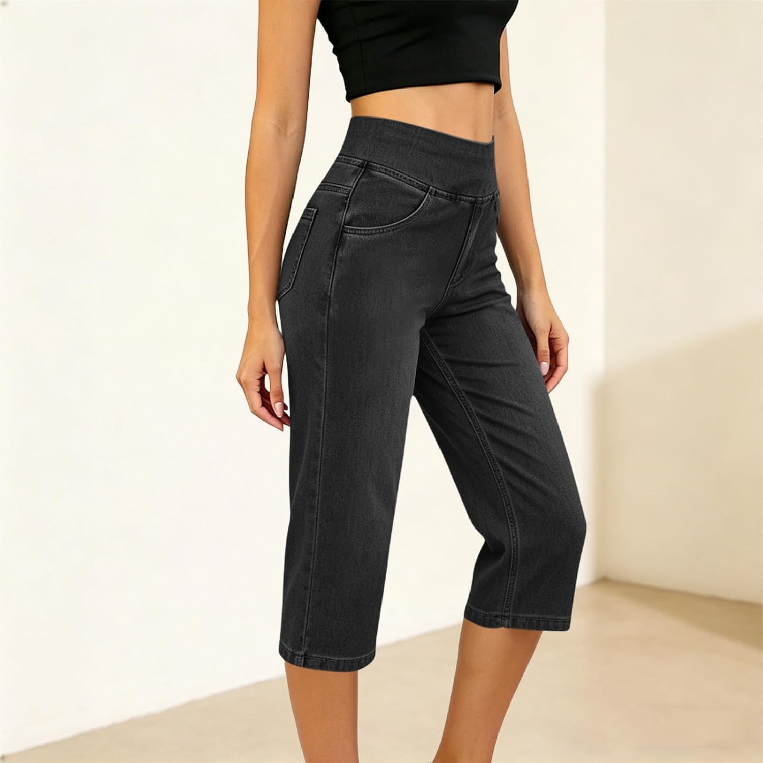 Capri Jeans for Women Elastic Waist Denim Pant Casual Summer High Waist Pull On Cropped Stretch Jean with Pocket