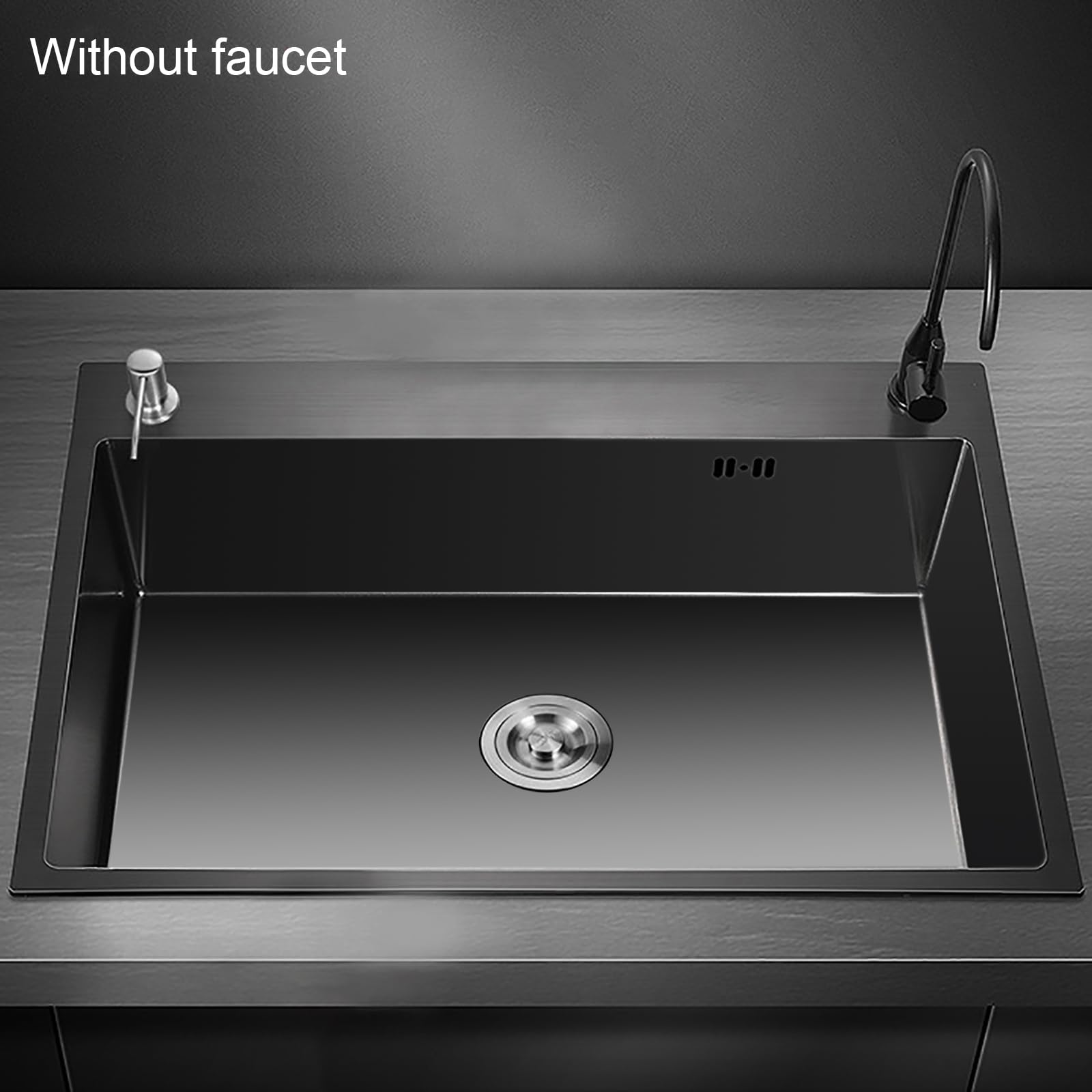 Fregadero de cocina negro, de acero inoxidable, moderno, de acero inoxidable, incluye dispensador de jabón, sifón y rebosadero, 50 x 45 x 20 cm