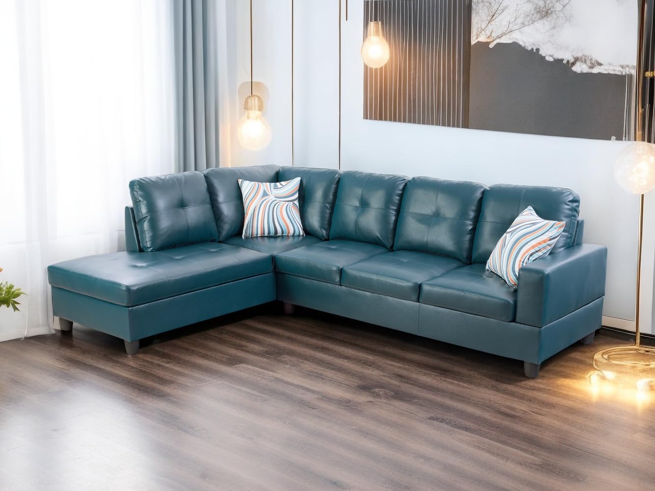 L Shaped Couch, Faux Leather Sectional Couches for Living Room, Modern Living Room Furniture Sets Sofa in 2PCS for Home/Office (B-Denim, Sofa+Left Chaise)