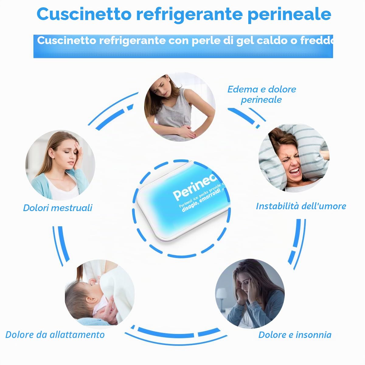 Impacchi di ghiaccio perineali riutilizzabili, emorroidi postpartum, cura del recupero del parto, 2 cuscinetti in gel + 3 maniche lavabili (blu)