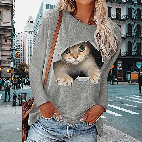 Bvwey Women's Long Sleeve Loose Tunics Casual Crewneck Sweatshirt Cat 3D Print Trendy Comfy Soft Tops S-2Xl Grey #TOP1