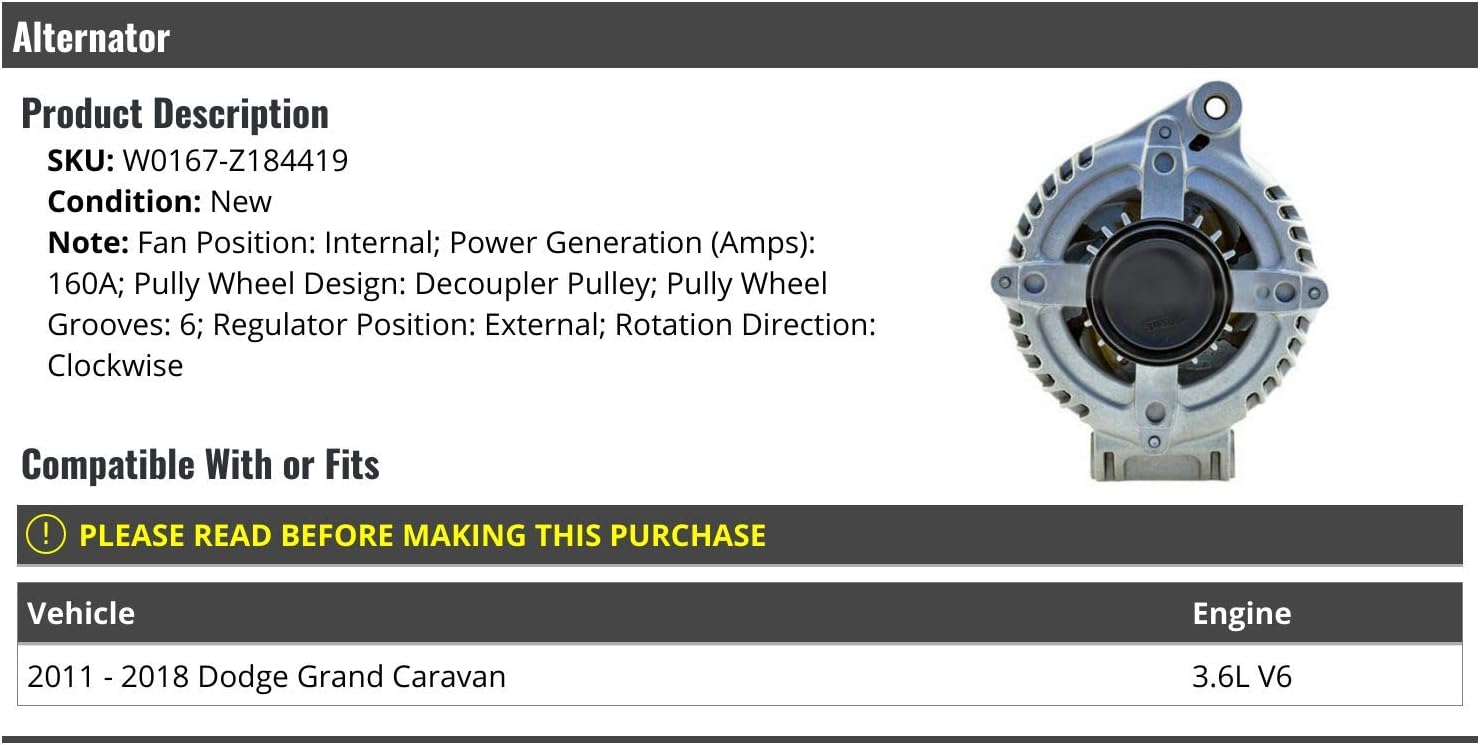 Alternator - 160 AMP - Compatible with 2011-2018 Dodge Grand Caravan 3.6L V6