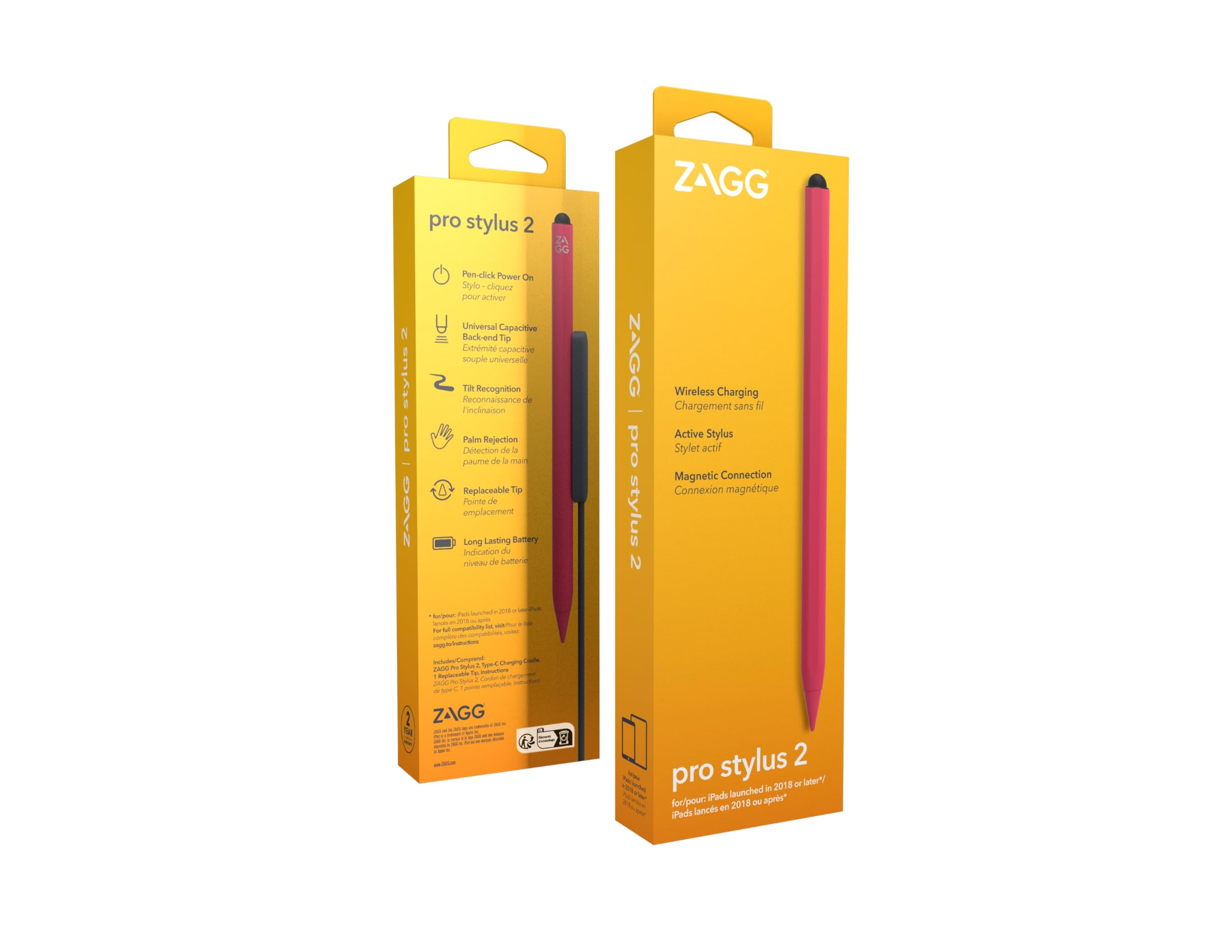 ZAGG Pro Stylus 2 Pen für iPad [2018 & Neuer], kabellos Laden, magnetischer Halt, klick-Einschalten, Doppelspitze, Neigungserkennung, Handflächenerkennung, Lange Akkulaufzeit, LED-Anzeige (pink)