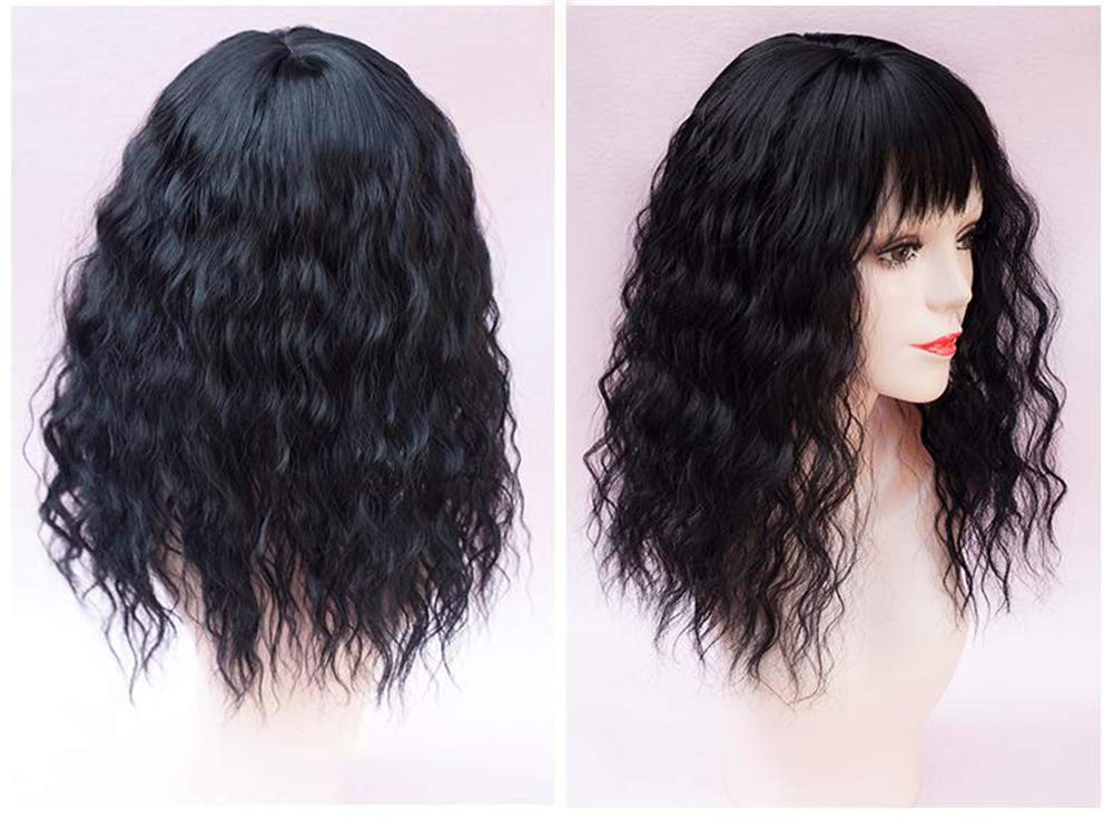 Hair Topper Hairpieces with Bangs for Women, Clip on Curly Wavy Synthetic Top Wiglet Hairpieces for Thinning Hair (17" Thin Black)