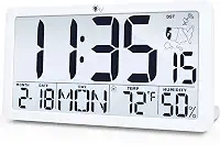 TXL Relógio de parede atômico com luz de fundo, relógio de parede digital operado por bateria com temperatura, umidade e data, visor grande, horário de verão automático, 6 fusos horários (branco)