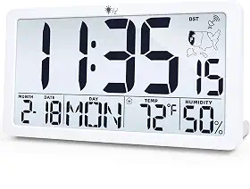 TXL Relógio de parede atômico com luz de fundo, relógio de parede digital operado por bateria com temperatura, umidade e data, visor grande, horário de verão automático, 6 fusos horários (branco)