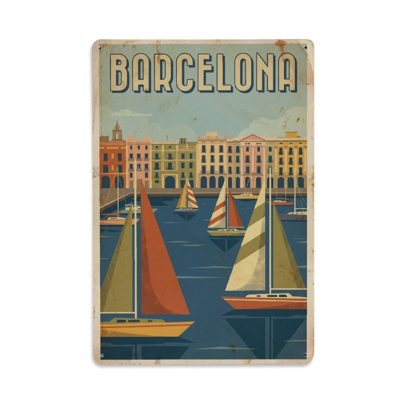 Okngb Style Harbor Boats Barcelona Retro Mediterranean Tourism Metal Tin Sign Plaque Wall Decor For Cafe, Man Cave, Club Bar, Office, Home Garden Round Metal Poster 8X12inch