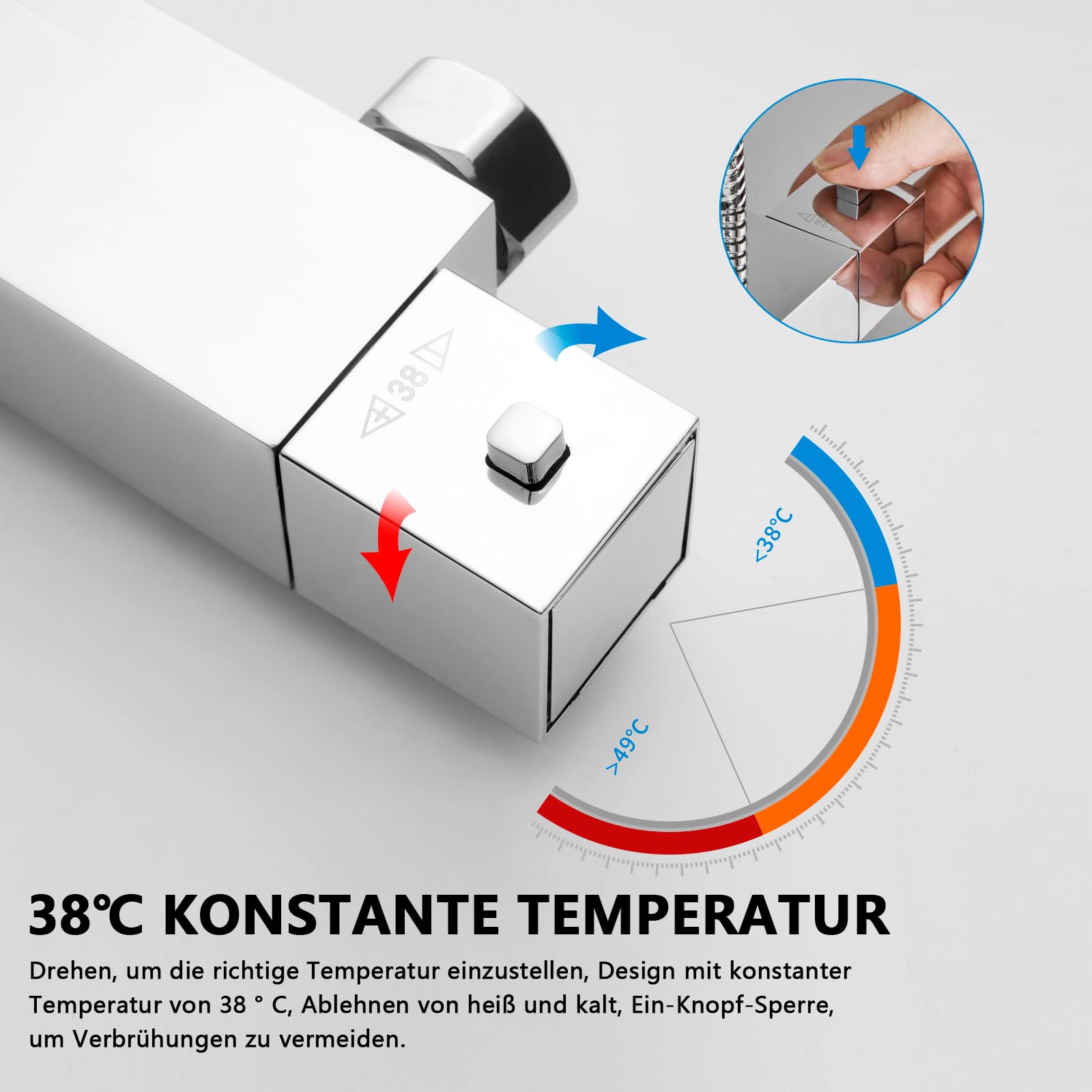 KOMIRO Duschsystem mit Thermostat, Regendusche mit Armatur, Duscharmatur mit thermostat, Duschkopf mit Schlauch und Edelstahl Höheverstellbarer Duschstange, Duschsäule Duschset, Eckig, Chrom