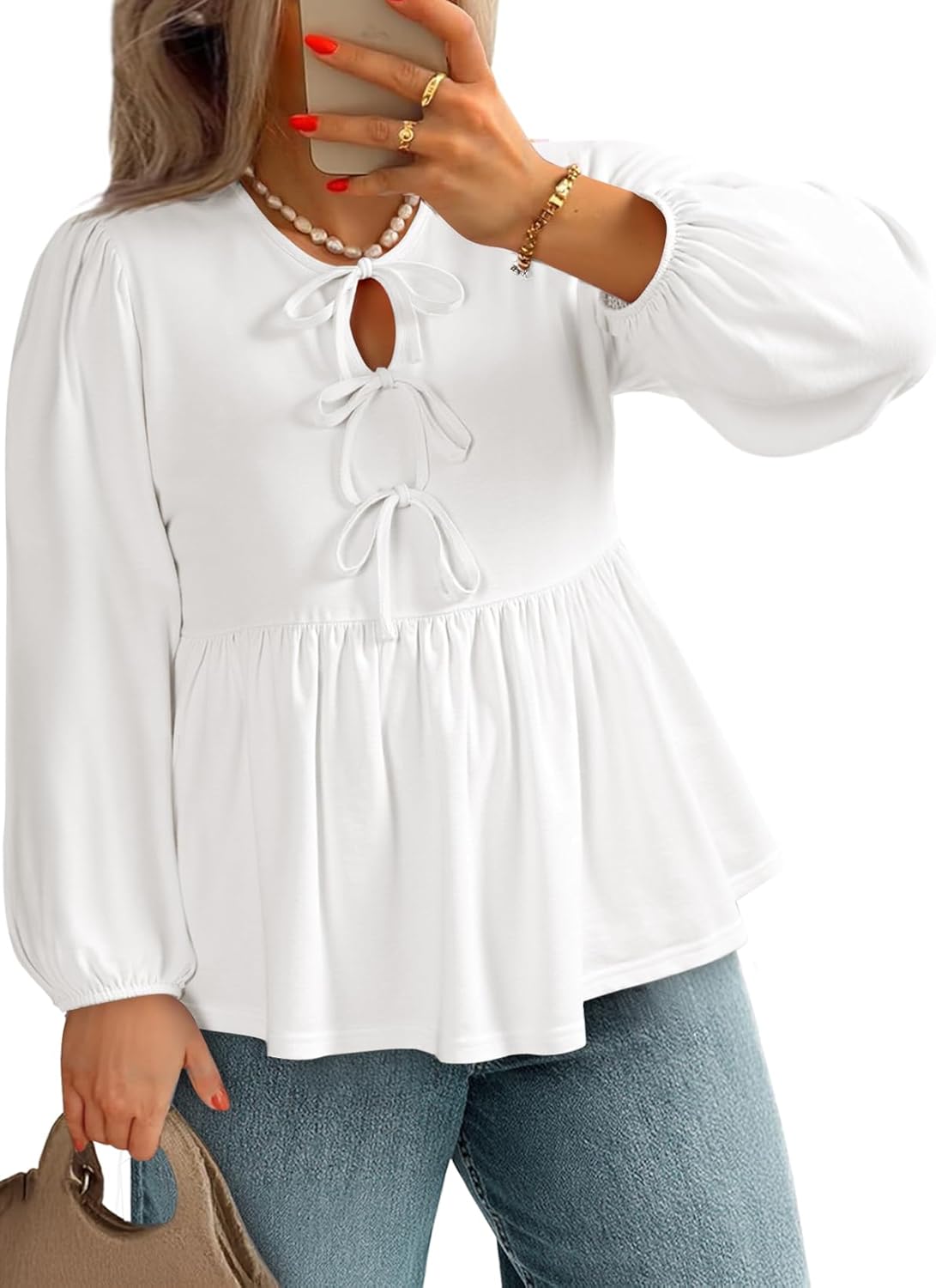 AlvaQ Womens Plus Size Tops Fall Fashion Bow Tie Front Puff Sleeve Crewneck Babydoll Peplum Blouses Shirt L-4XL