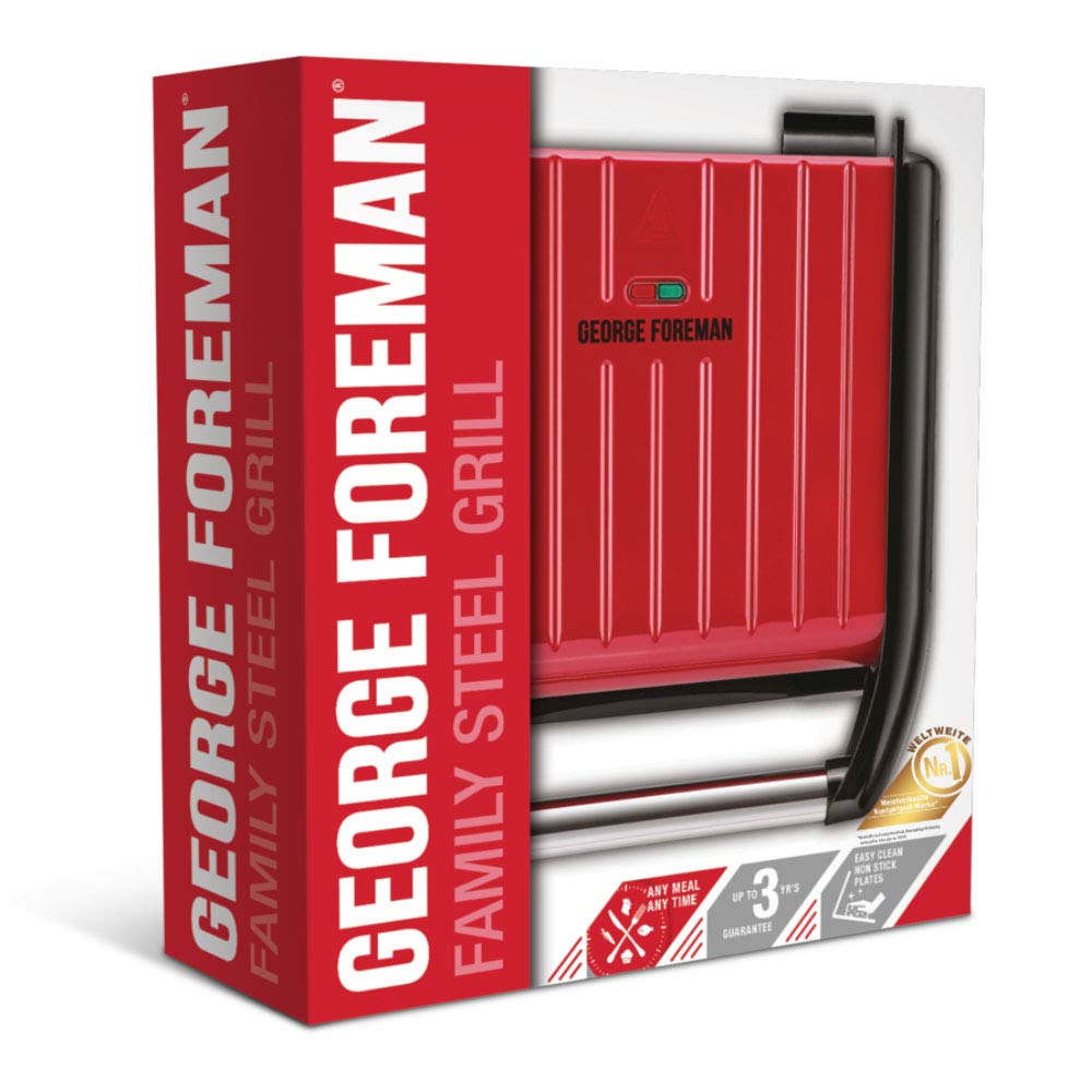 George Foreman Griglia Elettrica a Contatto e Piastra per panini - Vaschetta Raccogli Grasso -42% - Dimensioni 28x17 cm, per 3 porzioni; Ottimo per carne, pesce e verdure, Rosso 25040-56