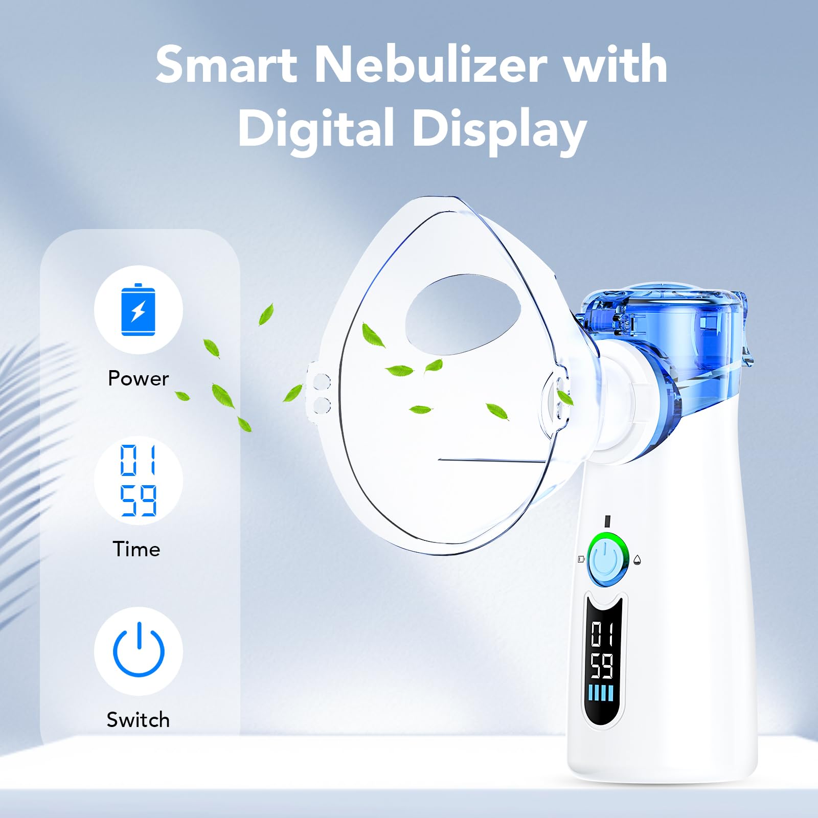 Nébuliseur portable pour adultes, nébuliseur pour enfants, nébuliseur portable pour adultes avec affichage LED et entretoise OTC auto-nettoyante