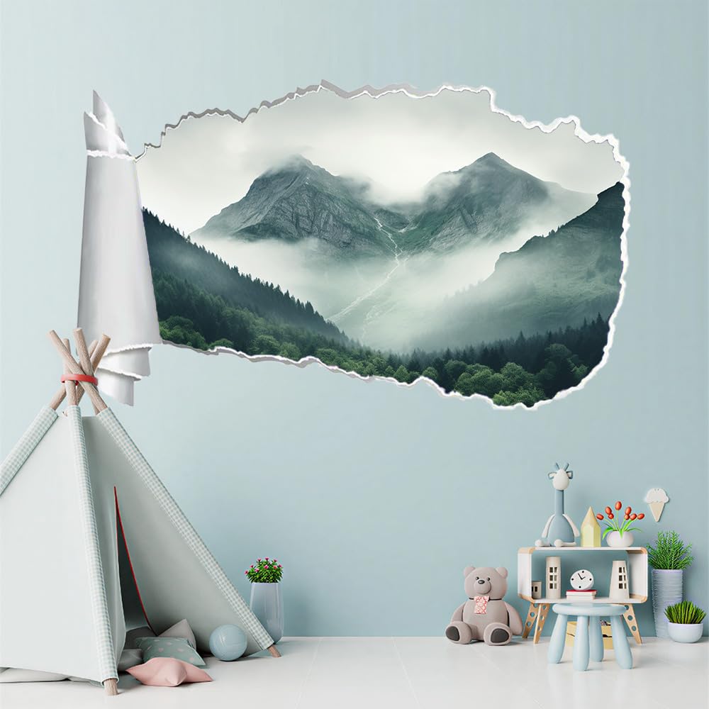 3D Wandaufkleber, Bergnebel Durchbruch Wandtattoos Deko Wand Selbstklebend Waldbäume, Wand Aufkleber Wanddurchbruch Wandsticker für Zuhause, Schlafzimmer, Wohnzimmer