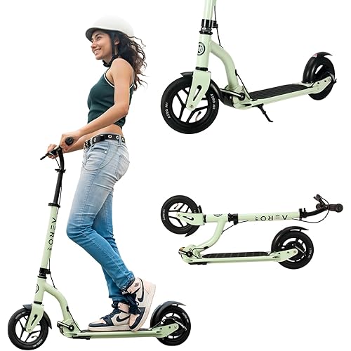 Aero Big Wheels Kick Scooter for Kids 6+, Teens & Adults | Light Up Wheels, Hand Brake, Rubber Deck Mat & Shock Absorption | Foldable & Height Adjustable