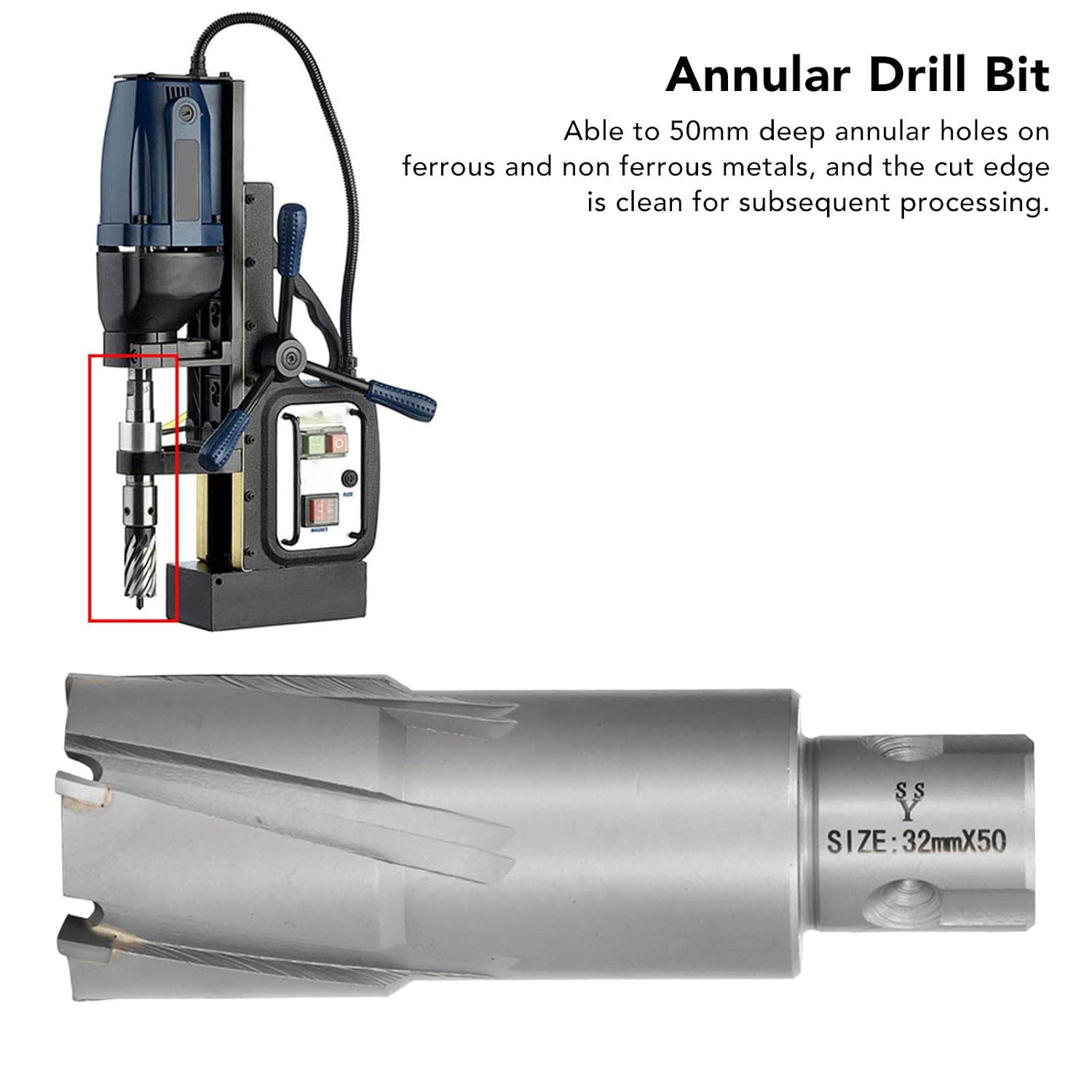 Annular Cutter, High Temperature Resistent 40CR Cemented Carbide Mag Drill Bit, 50mm Cutting Depth Drilling Tool with Storage Box for Cast Iron, Stainless Steel, Aluminium, Copper (32mm)