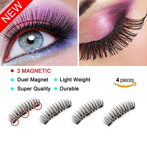 3 Magnetic Eyelashes, 0.2MM Ultra Thin Magnet Eyelashes 3D Fiber Reusable without Glue for Natural Look, Perfect Size For All Women Eyes (1 pair/4 pieces)