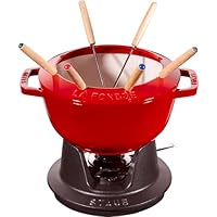 Lacor - 71711 - fondueset van geëmailleerd gietijzer, ijzeren standaard met houten basis, geschikt voor inductie, 6 vorken, 16,5 x 10 cm (1,7 liter), rood