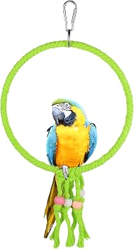 Bird Swing, 20 CM Diameter Hanging Parrot Swing with Colourful Beads, Swing Parrot Toys Cotton Rope Ring Bird Cage Toys for Budgie, Cockatiel, Canary, Parakeet, Finch Green