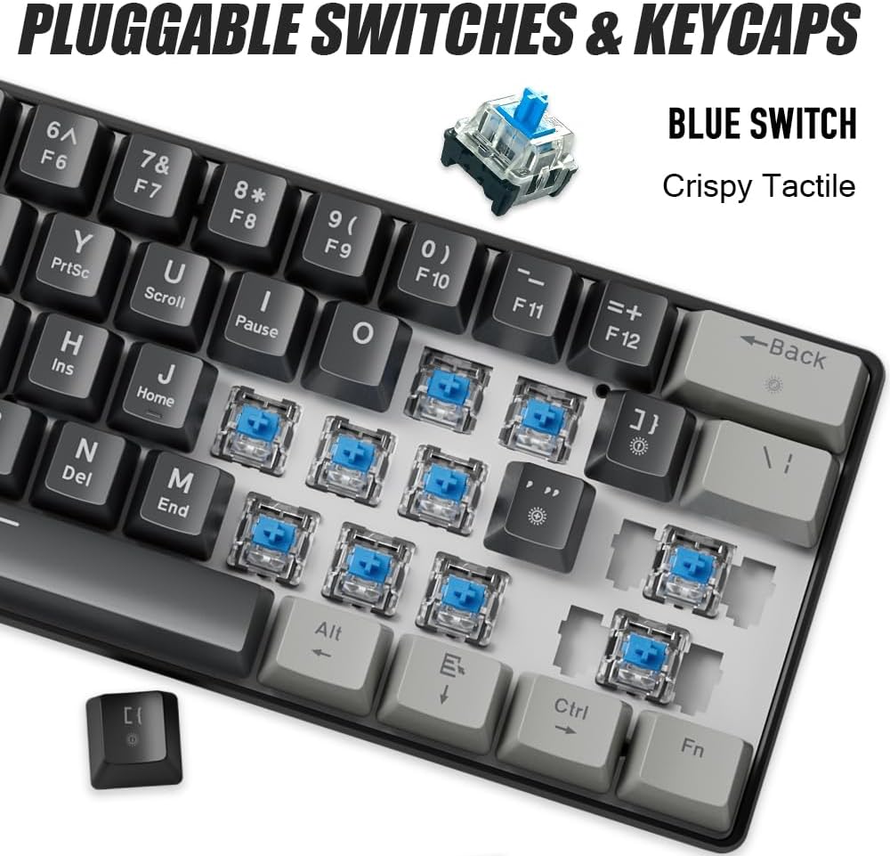 abucow 60% Mechanical Gaming Keyboard Blue Switch Wired Compact Keyboard Anti-Ghosting No-Conflict 61 Swappable keycaps Ergonomic Design for Windows/Mac