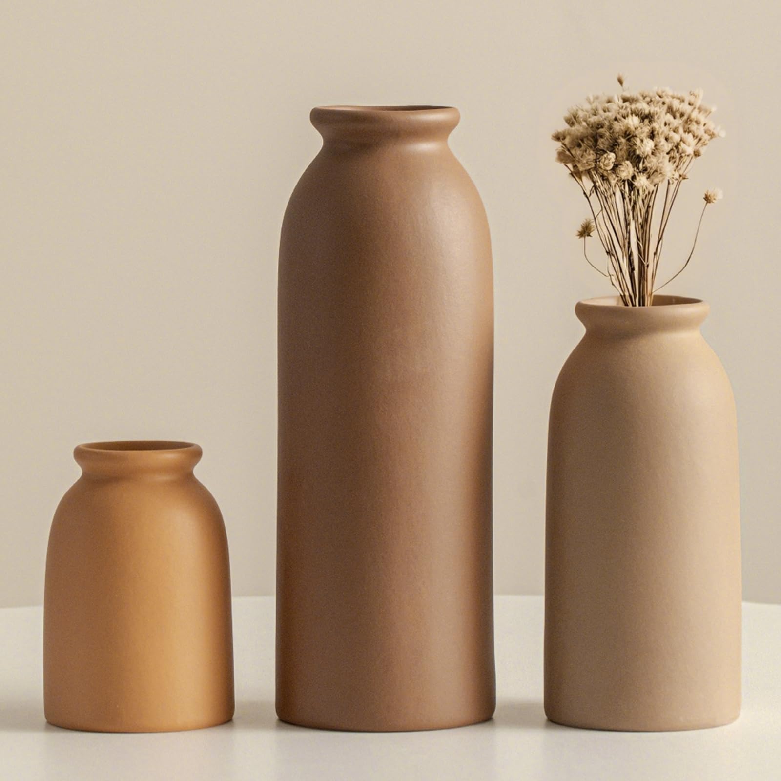 Ceramic Vase Set-3, Small Flower Vases for Decor, Modern Boho Farmhouse Style, Decorative Vases for Pampas Grass & Dried Flowers, Distressed Finish (
