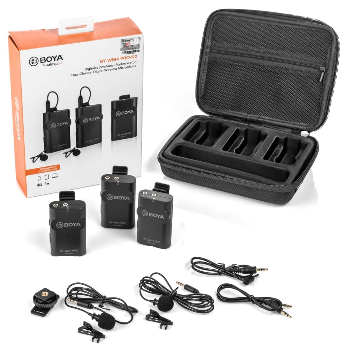 walimex pro Boya WM4 Pro K-2 Kit Lavalier Wireless con 2 Trasmettitori e Ricevitore, Portata 60 m, cavo 120 cm, per video e audio